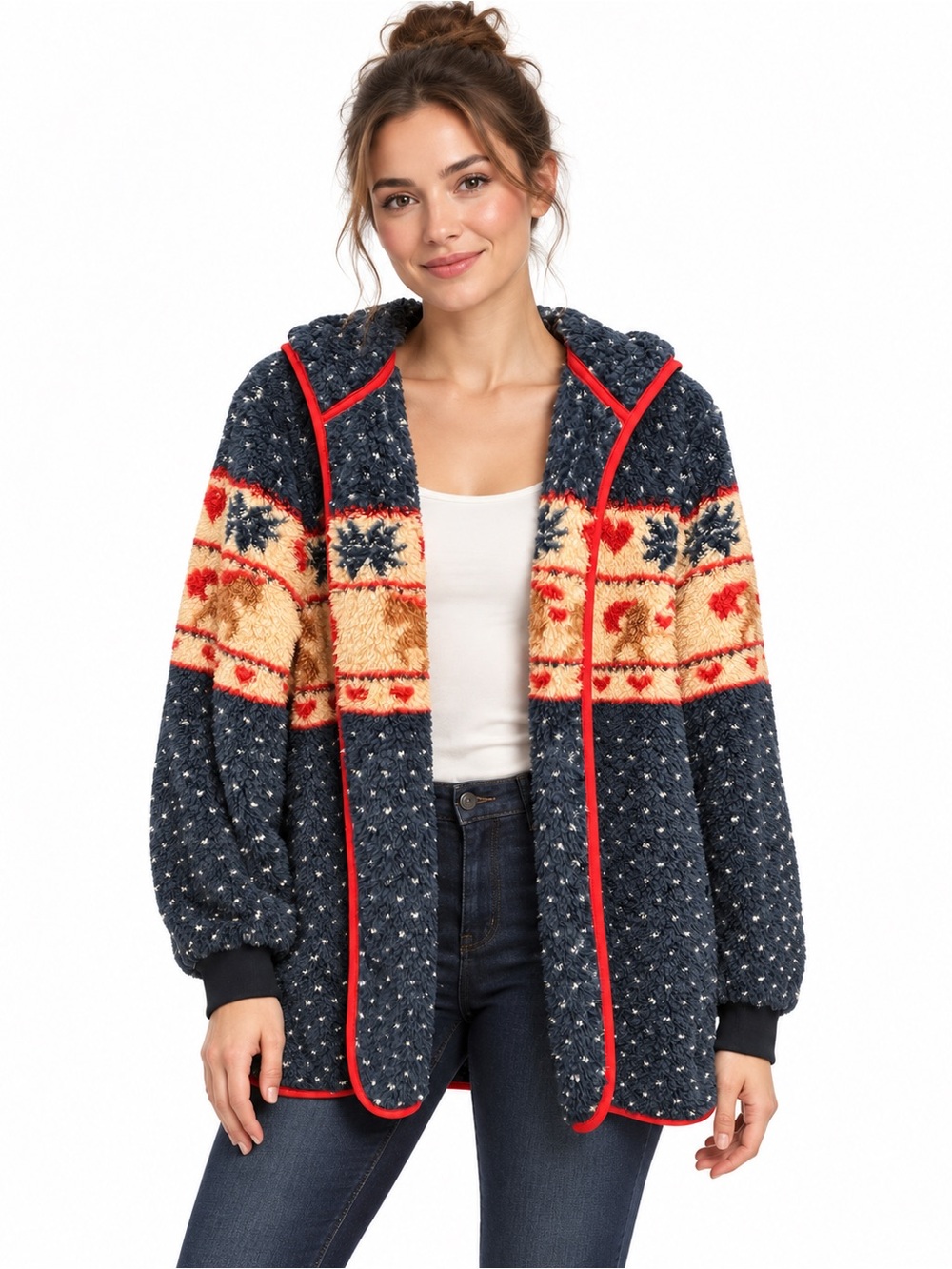 Cozy Sherpa Navy Fair Isle Hooded Cardigan